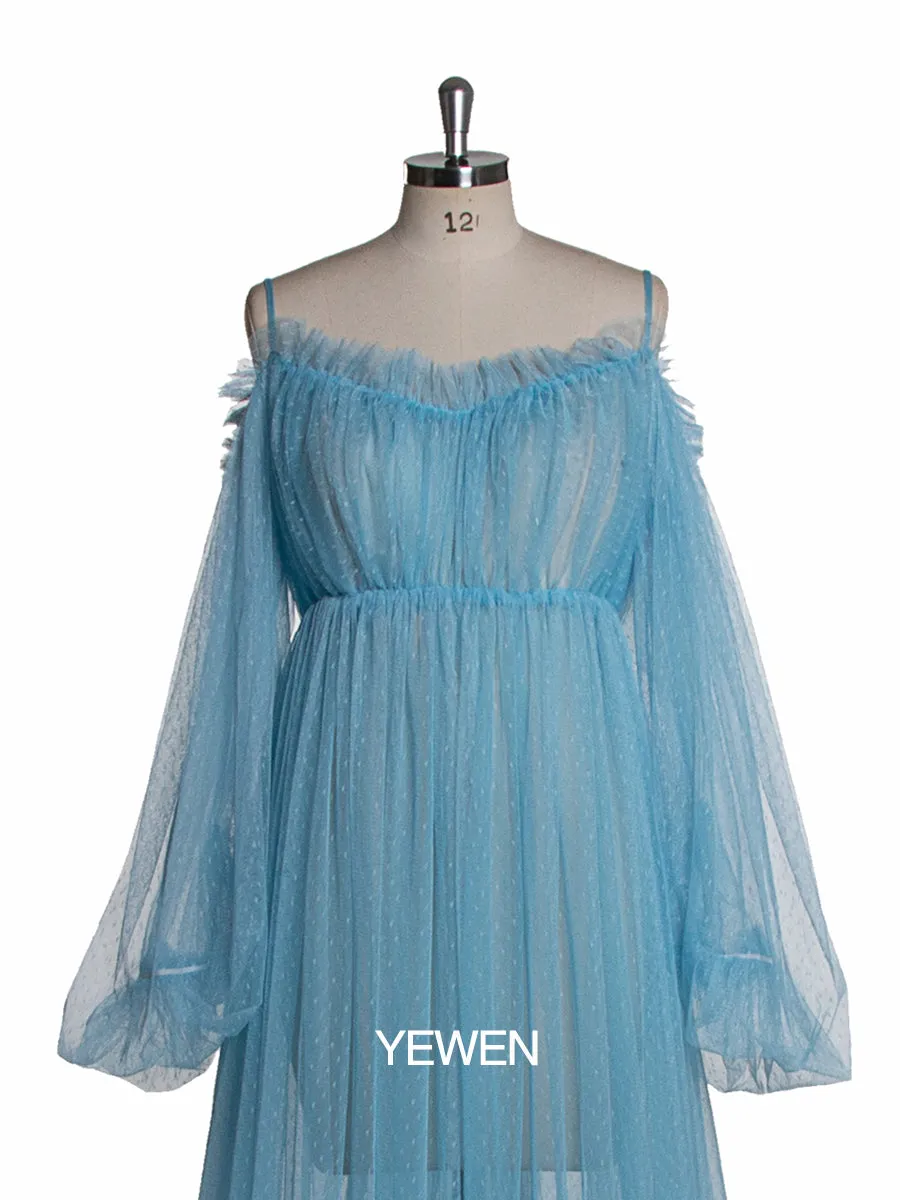 Sexy Cold Shoulder Long Sleeve Dot Lace Maxi Dress Blue Maternity Dress for Photo Shooting