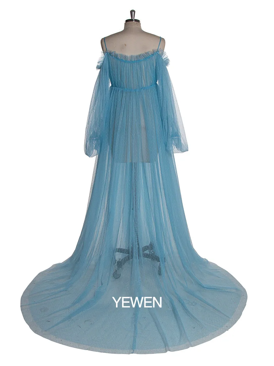 Sexy Cold Shoulder Long Sleeve Dot Lace Maxi Dress Blue Maternity Dress for Photo Shooting