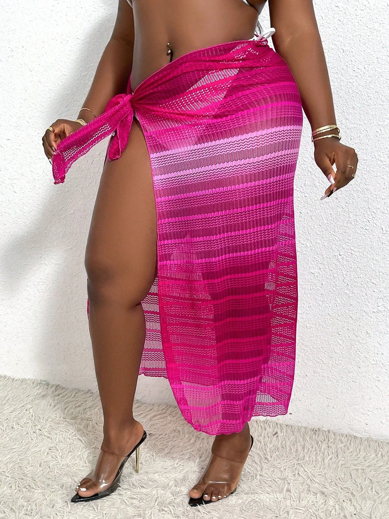 SHEIN Slayr Plus Size Women's Ombre Hollow Out Knot Side Long Cover Up Vest Dress