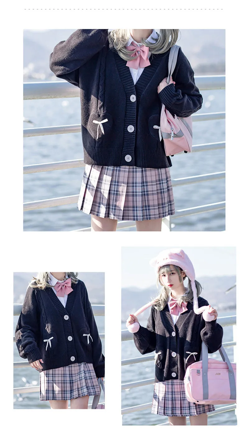 Spring Japan Kawaii Fashion Pink Cardigan Women Vintage Crop Knitted Sweater Cute Bow Heart Korean JK School Coat