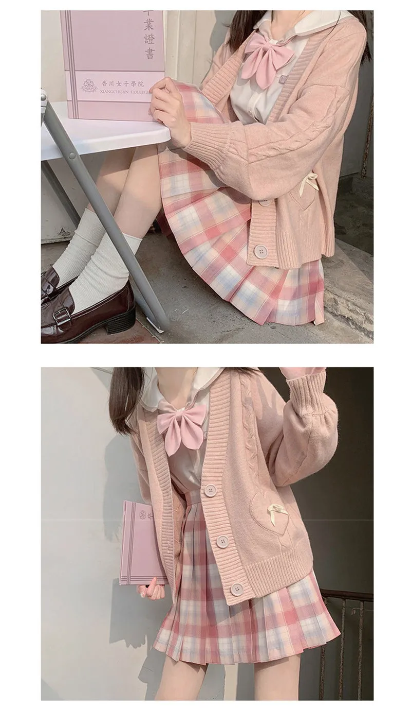 Spring Japan Kawaii Fashion Pink Cardigan Women Vintage Crop Knitted Sweater Cute Bow Heart Korean JK School Coat