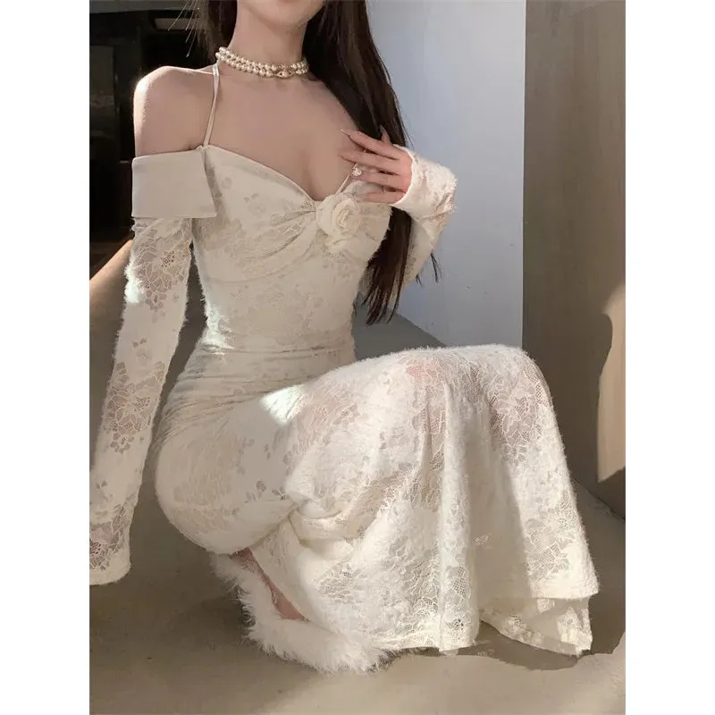 Territory Korean 3d Flower Halter Elegant Lace Long-sleeved Dress Women 2024 Spring New Off-the-shoulder Pleated Sexy Mid-length Dress