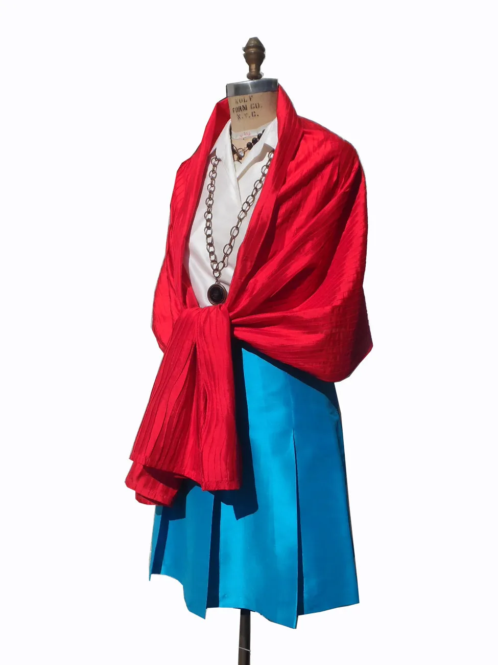 Thai Silk Pintuck Pleated Shawl Red