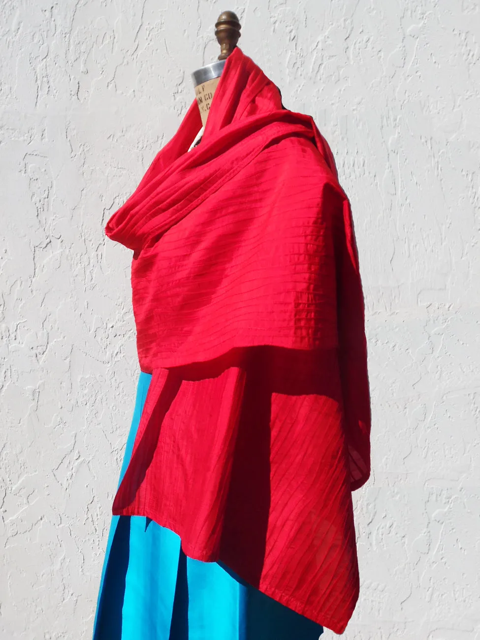 Thai Silk Pintuck Pleated Shawl Red