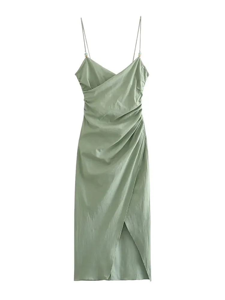TRAF European and American style pleated decorative flute dress fashion women's elegant halter long dress sexy women's clothing