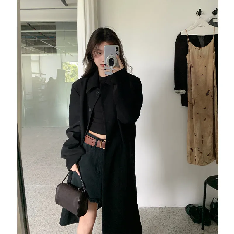 Vevesc semi formal men outfit 2024 Autumn New Lazy Style Retro Suit Jacket Women's High-Grade Mid-Length Top Loose Long Sleeve Trench Coat