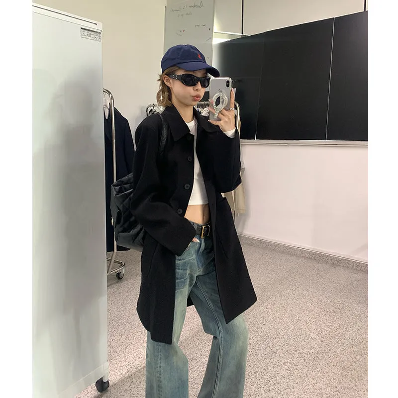 Vevesc semi formal men outfit 2024 Autumn New Lazy Style Retro Suit Jacket Women's High-Grade Mid-Length Top Loose Long Sleeve Trench Coat