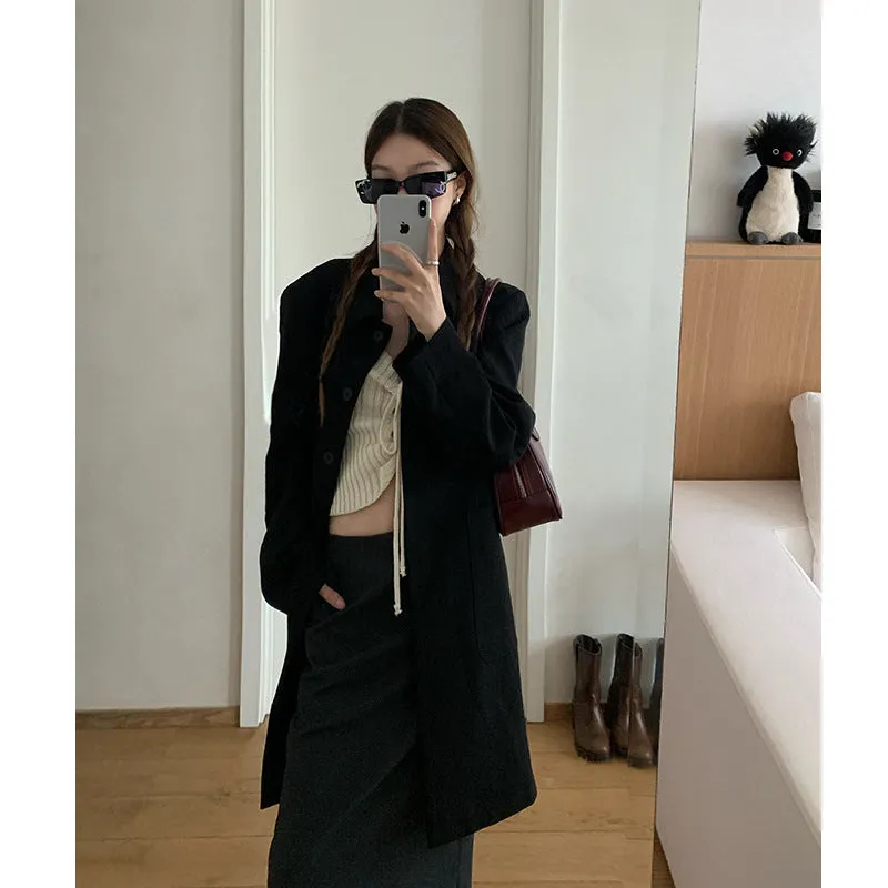Vevesc semi formal men outfit 2024 Autumn New Lazy Style Retro Suit Jacket Women's High-Grade Mid-Length Top Loose Long Sleeve Trench Coat