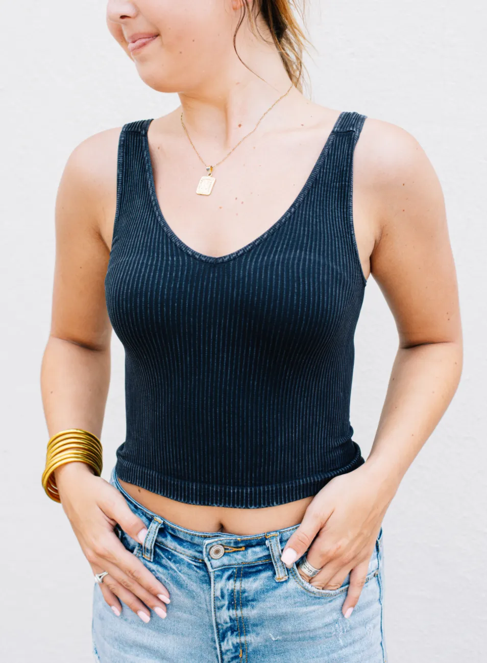 Vintage Wash V Neck Crop Top