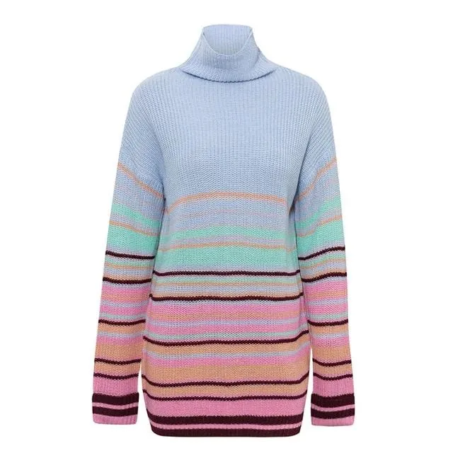 Winter Striped Turtleneck Knitted Sweater Dress