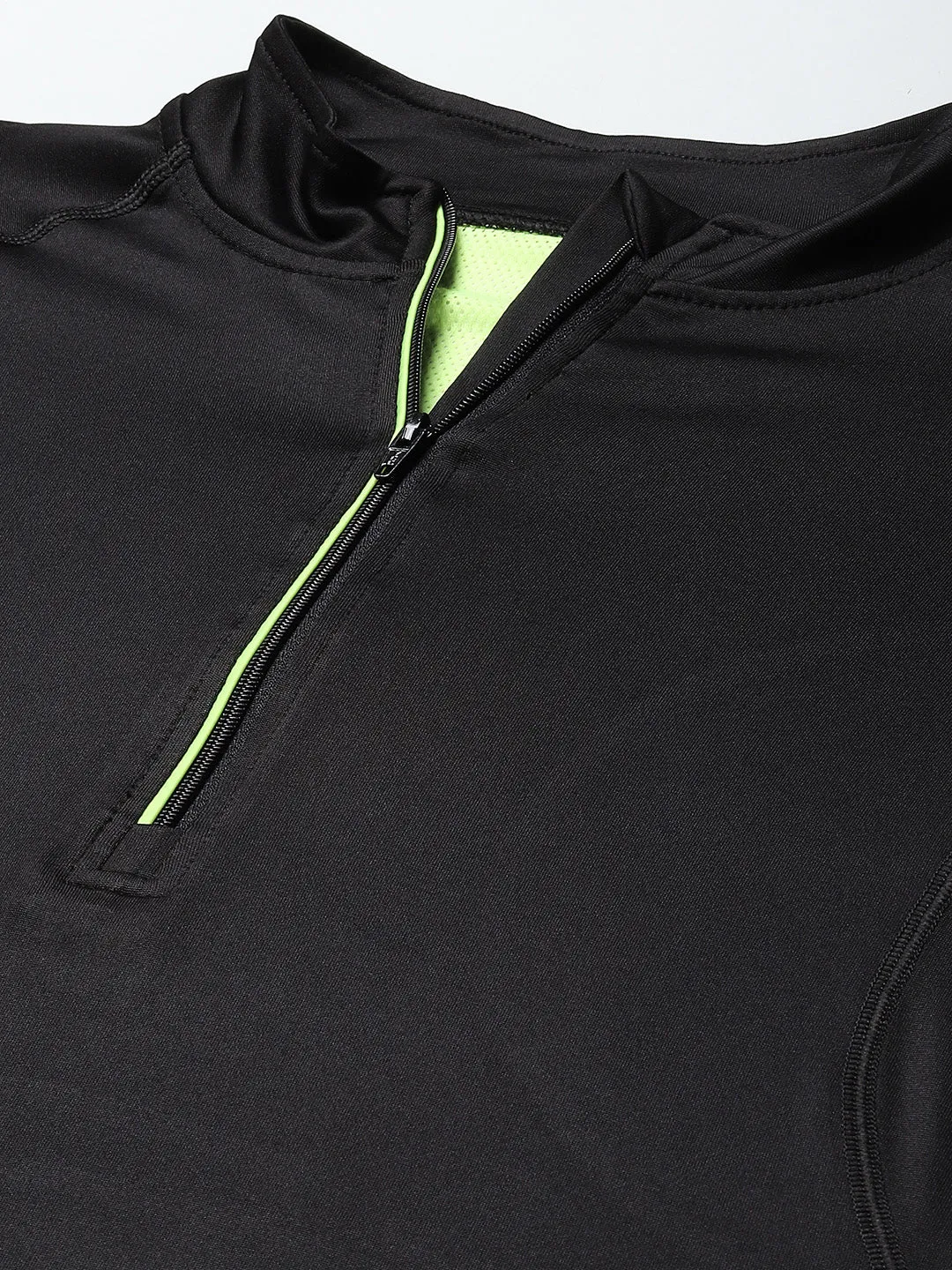 Women Black & Fluorescent Green Colorblocked Henley Neck T-shirt