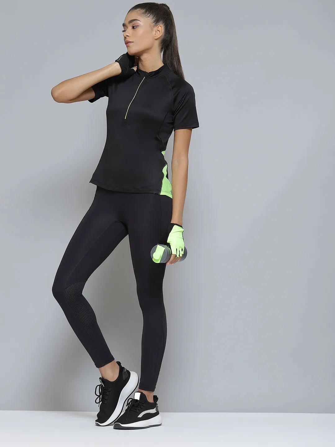Women Black & Fluorescent Green Colorblocked Henley Neck T-shirt