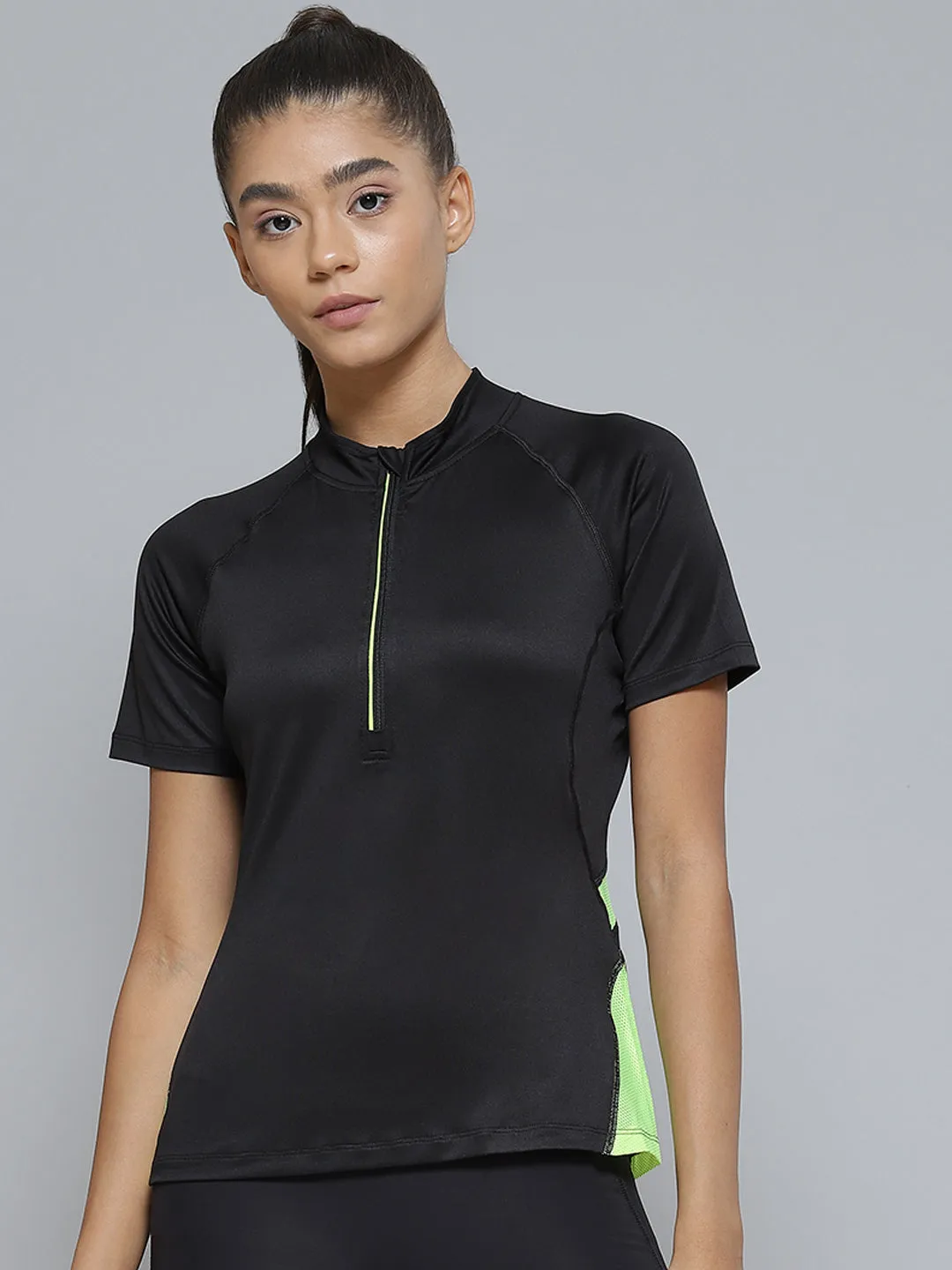 Women Black & Fluorescent Green Colorblocked Henley Neck T-shirt