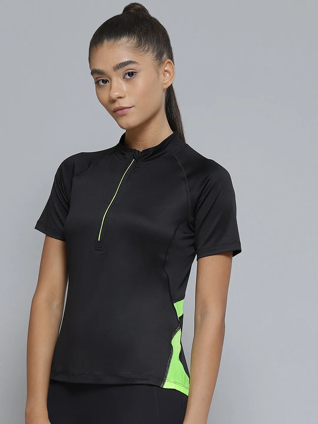 Women Black & Fluorescent Green Colorblocked Henley Neck T-shirt