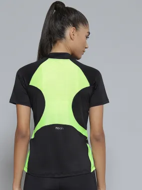 Women Black & Fluorescent Green Colorblocked Henley Neck T-shirt