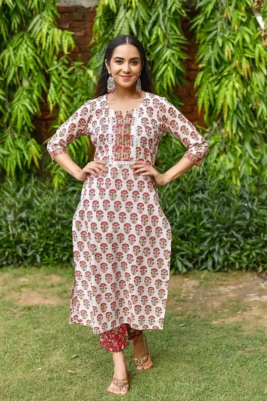 Womens Cotton Blend Kurta Pant Set With Dupatta