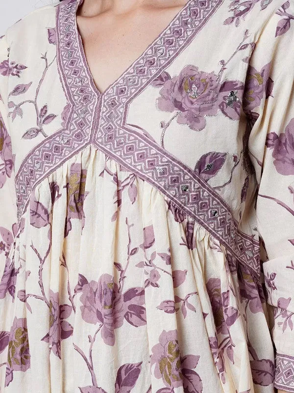 Womens Lavender Cotton Floral Printed Kurta Set With Dupatta