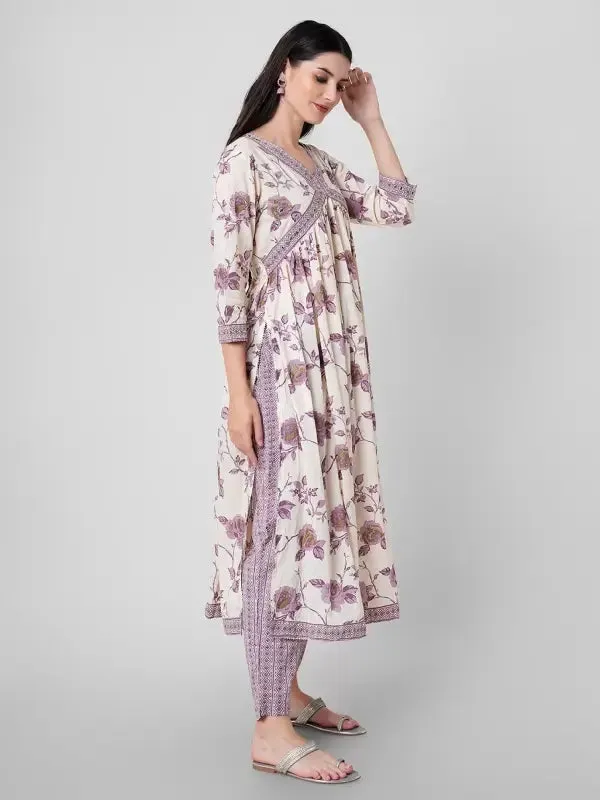 Womens Lavender Cotton Floral Printed Kurta Set With Dupatta