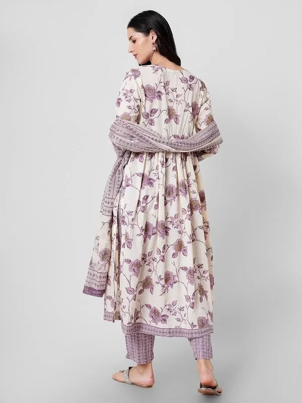 Womens Lavender Cotton Floral Printed Kurta Set With Dupatta