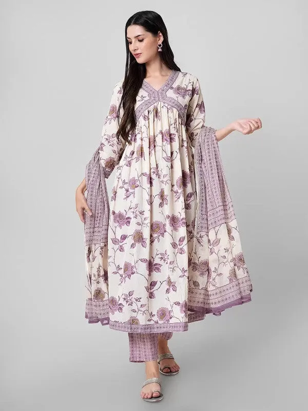 Womens Lavender Cotton Floral Printed Kurta Set With Dupatta