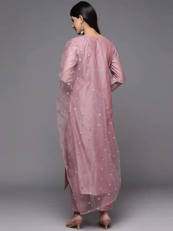 Womens Rose Gold Poly Silk Embroidery Kurta Pant Set With Dupatta
