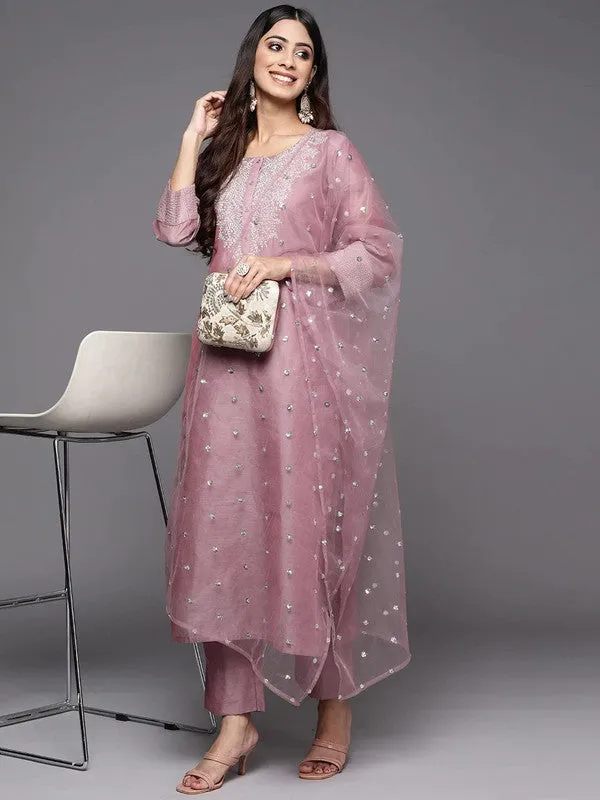 Womens Rose Gold Poly Silk Embroidery Kurta Pant Set With Dupatta