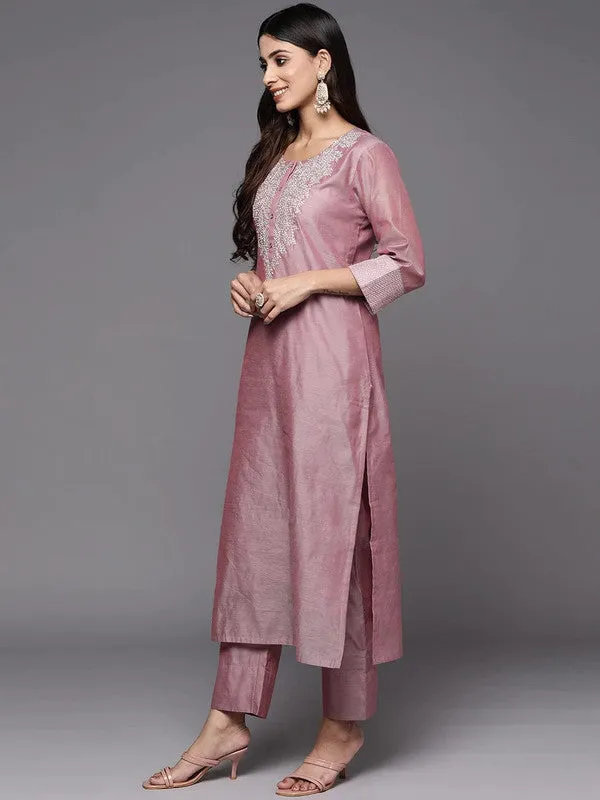 Womens Rose Gold Poly Silk Embroidery Kurta Pant Set With Dupatta